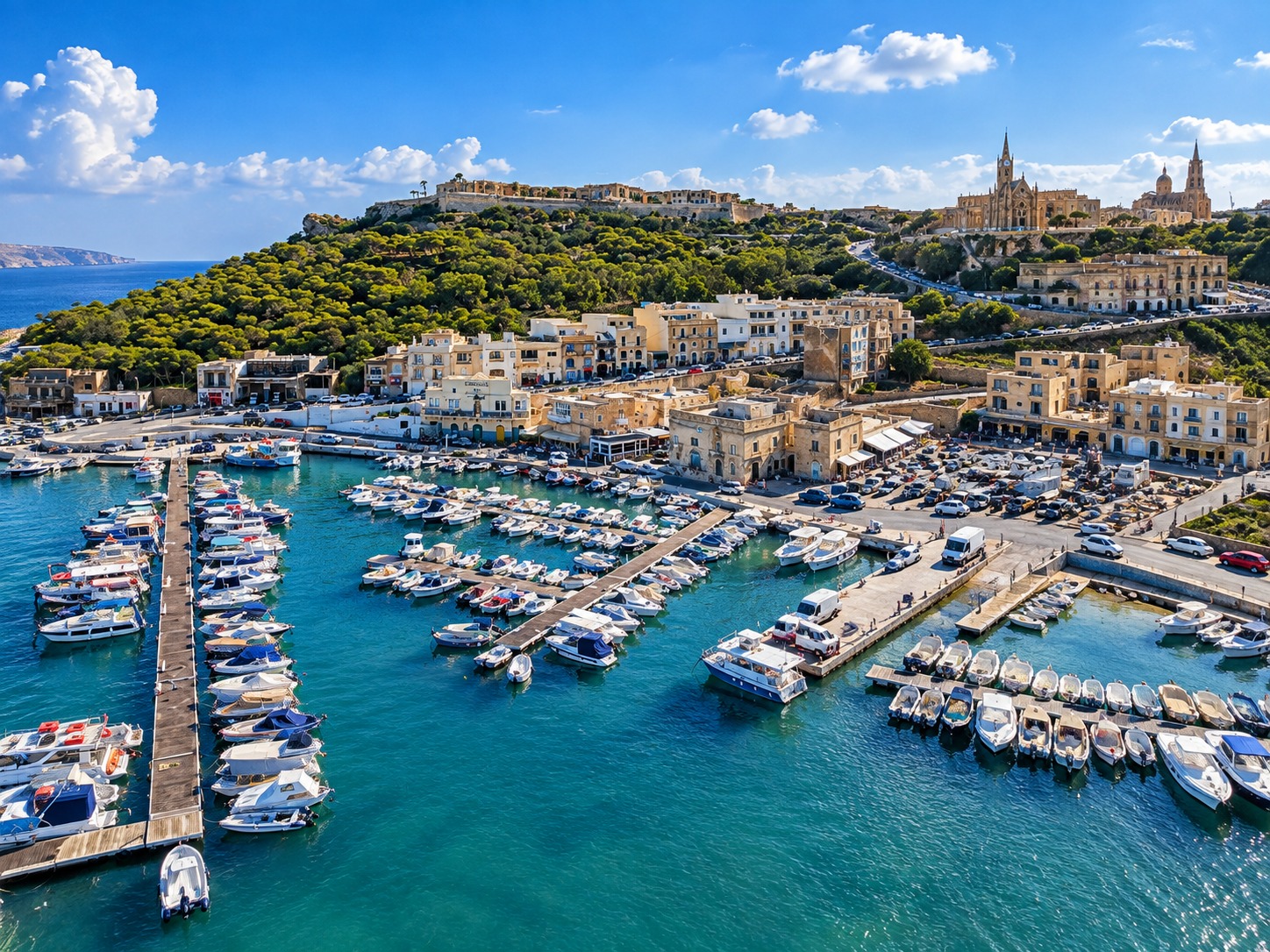 Aerial view of Mgarr harbour and surrounding town