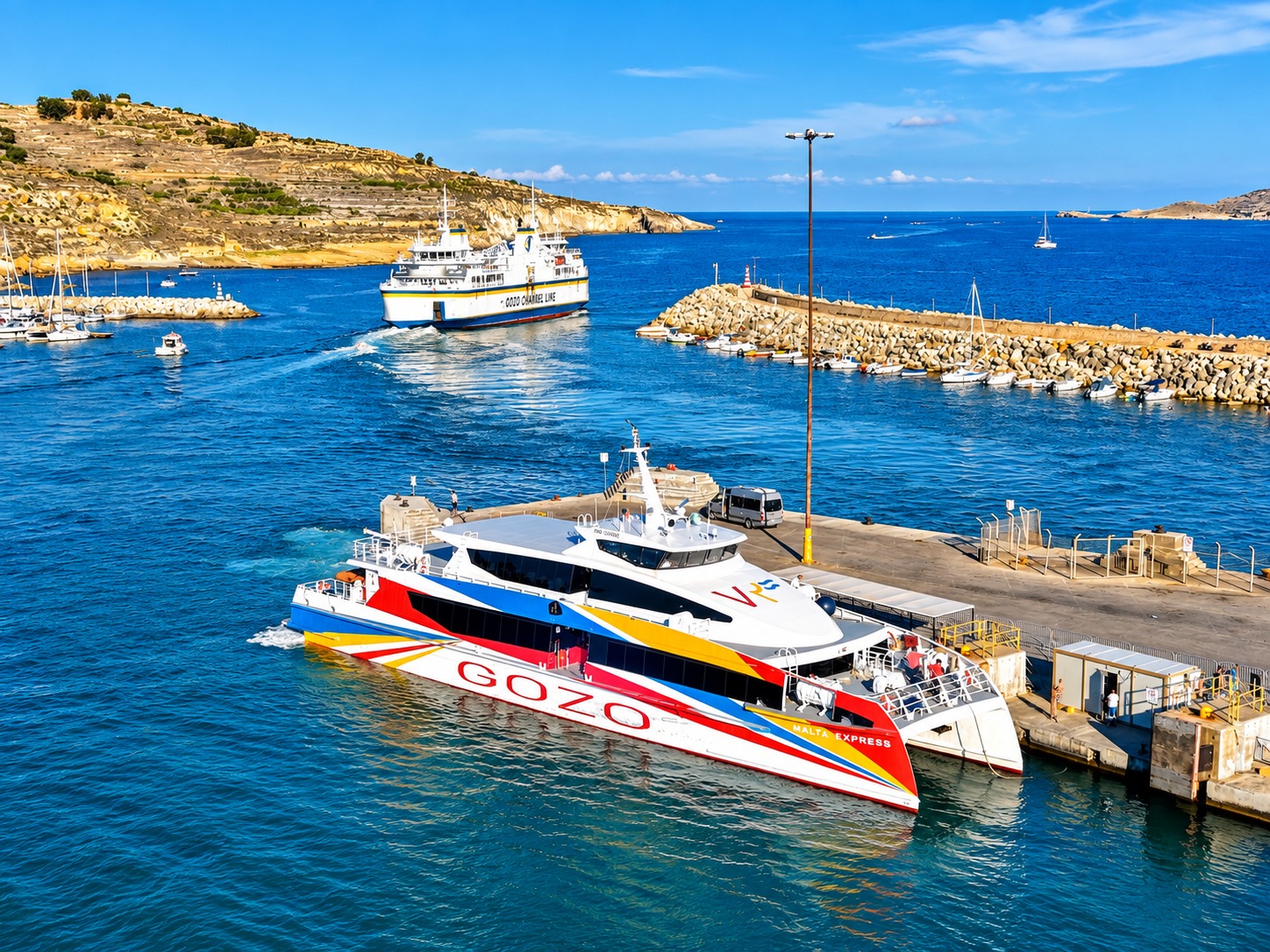 Aerial commercial ferry and harbour view